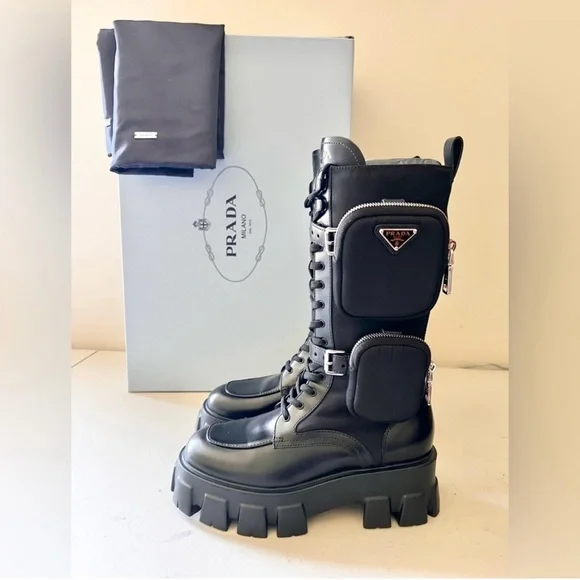 Prada Monolith Black Leather Combat Boots With Removable Pouches Tall Boot Sz 37 - Picture 5 of 12